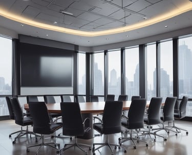 Empty prestigios corporate board room in office building with large flat screen monitor/tv.