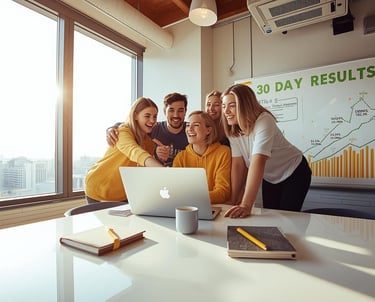 Startup team reviewing successful business model test results