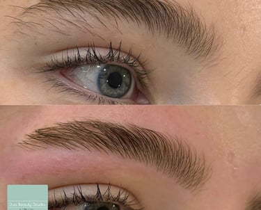 A before and after of waxed and threaded eyebrows and an eye
