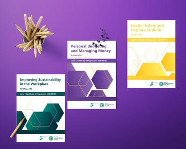 Educational workbook designed for Worcestershire College with professional print layout.