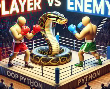 A box combat involving OOP Python concepts with a Python as referee
