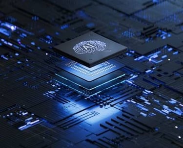 cpu chip with ai brain printed on it in the midst of a black dimly lit motherboard