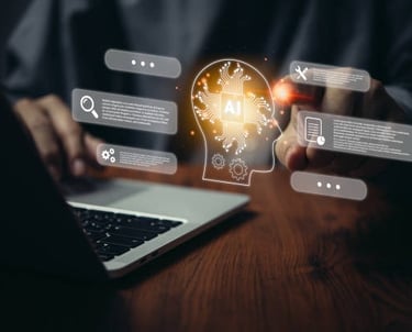 guy working on a laptop with ai power hologram assist apps