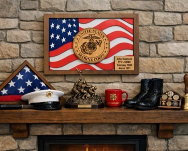 A stone fireplace mantel featuring United States Marine Corps memorabilia, an American flag, and combat boots.