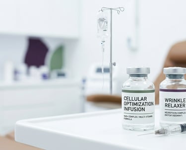 A composition showing a wrinkle relaxer vial alongside an NAD+ infusion vial and an IV drip, symboli