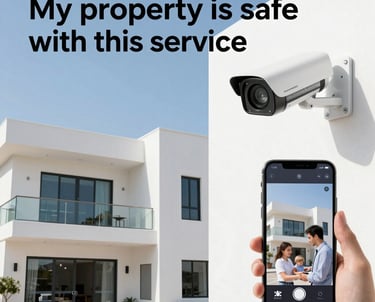 Technician installing a high-definition CCTV camera outside a modern Abu Dhabi home at sunset.