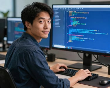 Portrait of a lead front-end developer in a professional office, working on a large display with vibrant blue code. North American / US style.