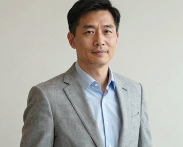 Professional portrait of an enterprise strategist in a crisp blazer, standing against a clean off-white background in a North American corporate setting.