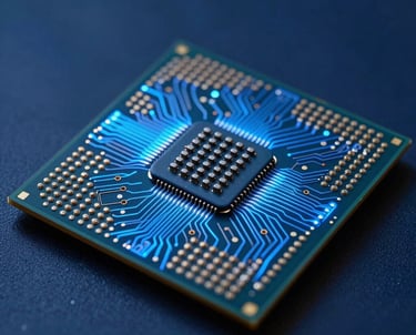 A focused close-up of a high-tech microprocessor glowing with vibrant blue circuits on a deep navy background, representing innovation. North American / US laboratory setting.