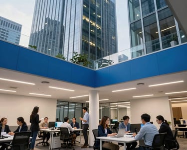 Wide shot of a modern, collaborative office space in a North American skyscraper, featuring sky blue accents and professional teams working together.