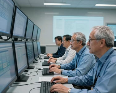 A group of senior engineers in a high-tech control room with large monitors, lit by soft sky blue light, working with unwavering reliability in a North American / US tech firm.
