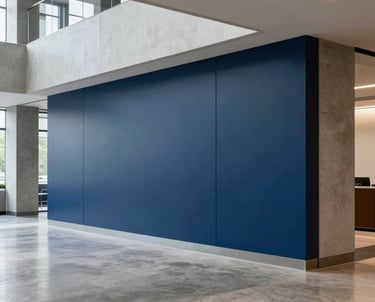 Close-up of a modern North American office lobby featuring clean structured lines, polished concrete, and a deep navy blue brand wall.