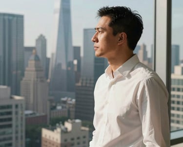 A visionary project manager looking over a city skyline from a high-rise office in a crisp off-white shirt, conveying authority. North American setting.