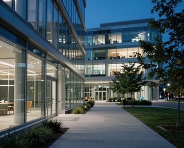 Cinematic photography of a North American tech campus walkway, featuring glass buildings and crisp, vibrant blue lighting at night.