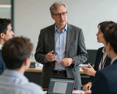 Candid photograph of a technical lead in professional North American business attire explaining a complex system to a diverse group of executives.