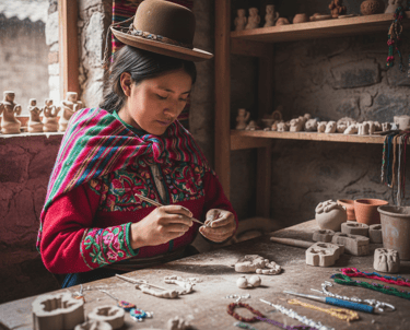 Una mujer andina con ropa tradicional peruana haciendo cerámica en un taller.