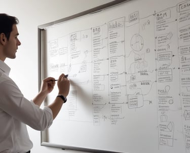 A thoughtful founder reviewing a clear, hand-drawn business strategy on a whiteboard.