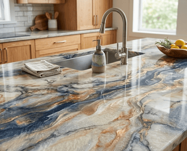Custom blue and gold epoxy resin kitchen island countertop with a high-gloss marble effect.