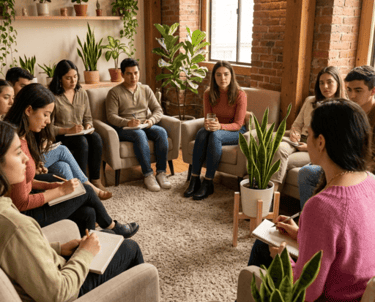 Grupo de jovenes que se apoyan durante una sesión de terapia con la Psicologa Mary Bejarano