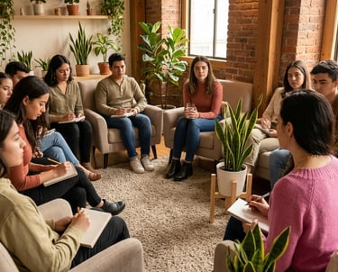 Un grupo diverso de adultos jóvenes participa en un círculo de apoyo para la salud mental,
