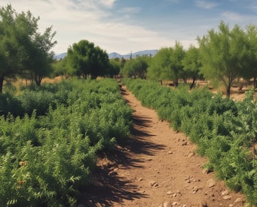 Volunteers planting trees together under a bright sky in a lush food forest.