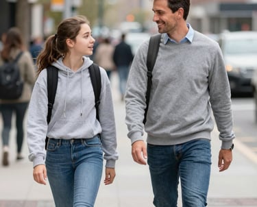An adolescent walking outside receiving advice from a supportive educator.