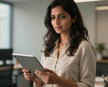 A warm professional portrait photo of an Indian woman standing in a contemporary office setting with soft backlighting, holding a tablet thoughtfully.