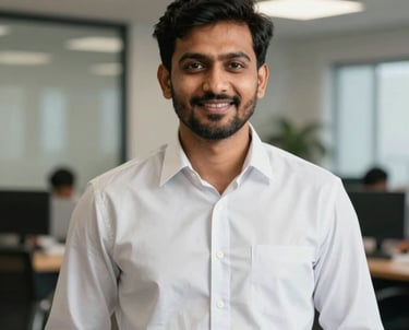 A professional portrait photo of a South Asian man in his 30s wearing a crisp button-down shirt, standing in a brightly lit modern agency office with a confident, welcoming expression.