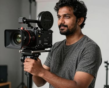 A portrait photo of a South Asian video production director holding a cinema camera in a well-lit studio environment, looking relaxed and focused.