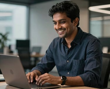 A portrait photo of an Indian social media strategist smiling at a modern desk with high-contrast office lighting, looking engaged and creative.