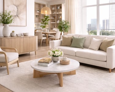 Modern interior design with natural light, neutral tones, and elegant furnishings