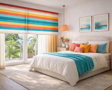 Bedroom interior design in Miami featuring modern window treatments
