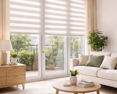 Modern zebra roller curtains in a bright Miami living room, featuring layered light control, neutral tones, and contemporary