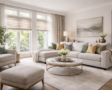 Modern living room interior design in Miami featuring custom curtains and refined upholstery