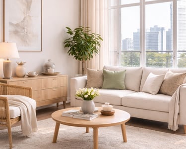 Modern interior styling in a Miami home featuring neutral decor, refined textures, soft lighting and elegant finishing touche