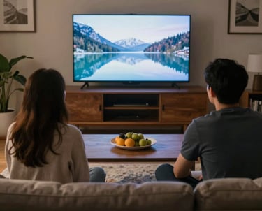 Family enjoying streaming TV shows on multiple devices in a cozy living room.