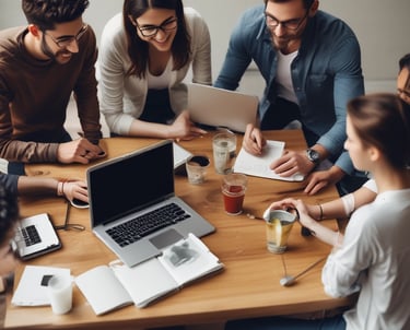 Team collaborating around a sleek laptop surrounded by design sketches and coding notes.