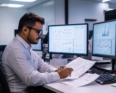 a man sitting at a desk with a paper workbook