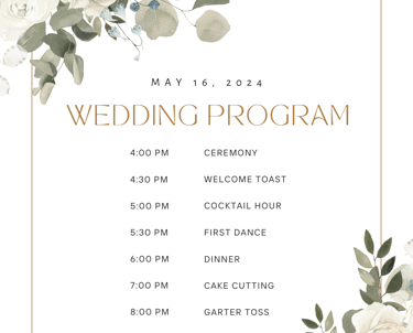 Programs: Templates for wedding ceremony programs outlining the order of events, readings, and key p