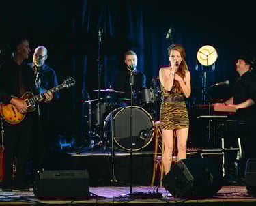 Band steht komplett auf der Bühne während einer Live-Performance. Konzertfoto: Just Perspectives.