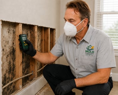 Professional mold inspector using a moisture meter to detect water damage behind a wall.
