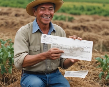 A rural landscape featuring large metallic silos with the brand name Roxell, situated near what appear to be farm buildings or structures. These silos are used for storing agricultural materials. Behind them, a single wind turbine stands tall against a cloudy sky, suggesting renewable energy use in the area.