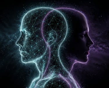 Digital profile of a glowing blue wireframe human head juxtaposed with a realistic purple silhouette in space.