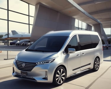 A van is parked under a covered area at an airport or transportation hub, with the sun setting in the background. The van is white with writing on its side. In the foreground, there is a crosswalk leading towards the van and a few shopping carts to the left. Tall trees and a modern building are visible in the background.