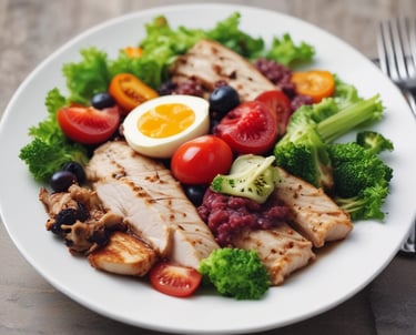 A bowl filled with vibrant purple smoothie, topped with a variety of nuts and seeds, is placed on a light surface. To the right of the bowl, a package labeled 'Daily Essentials' in blue and white coloring is visible.