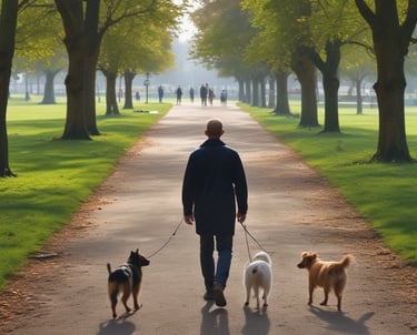 a man walking 3 dogs in a park