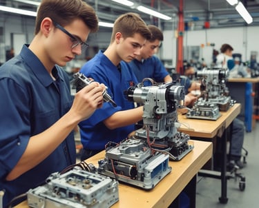 A classroom setting features several old-fashioned sewing machines on wooden desks lined in rows. The background includes a wall of chalkboards covered with writing, creating an atmosphere of a vintage educational or vocational training environment.