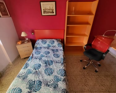 Cama y estantería de la habitación