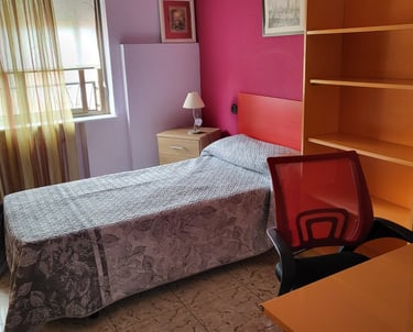 Cama, ventana y escritorio de la habitación