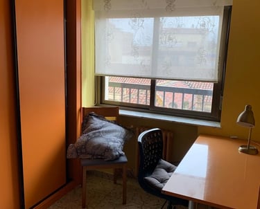 Habitación con ventana, vistas al exterior y amplio escritorio